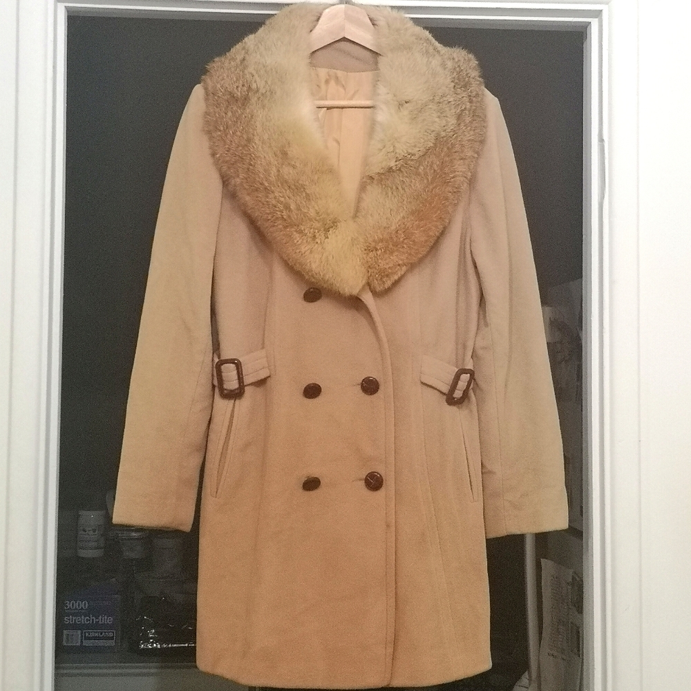 Vintage Camel Tan Wool Coat real fox fur collar